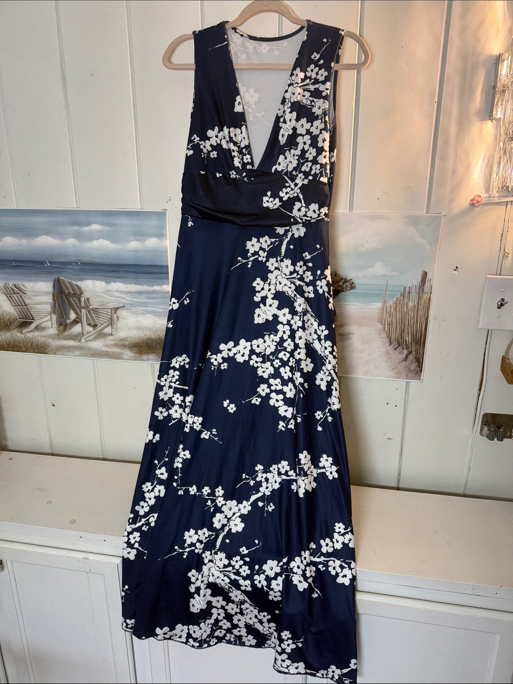 Navy Blue Floral V-Neck Maxi Dress